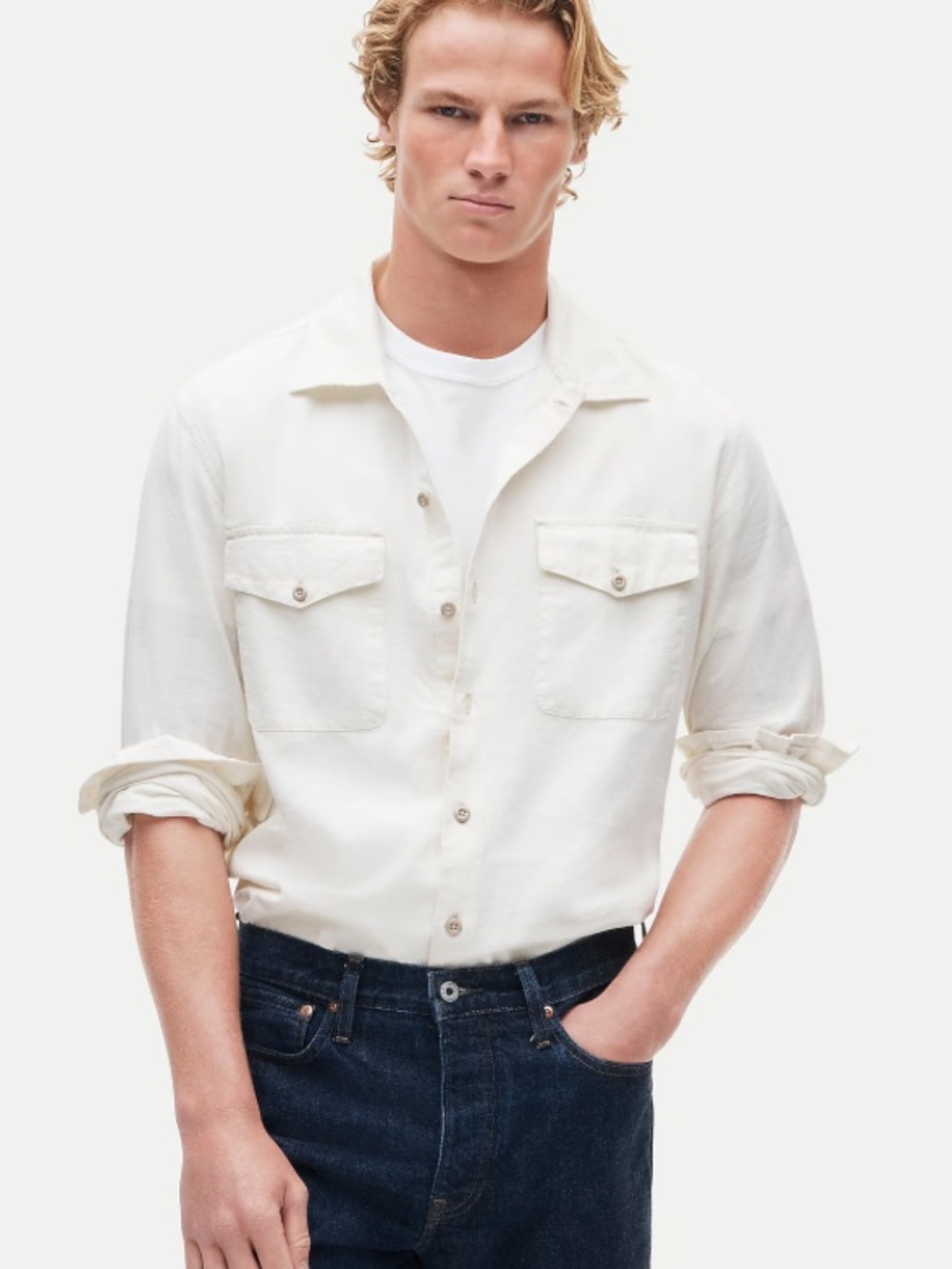 J crew ivory white Wallace & Barnes chambray workshirt in hemp-cotton blend